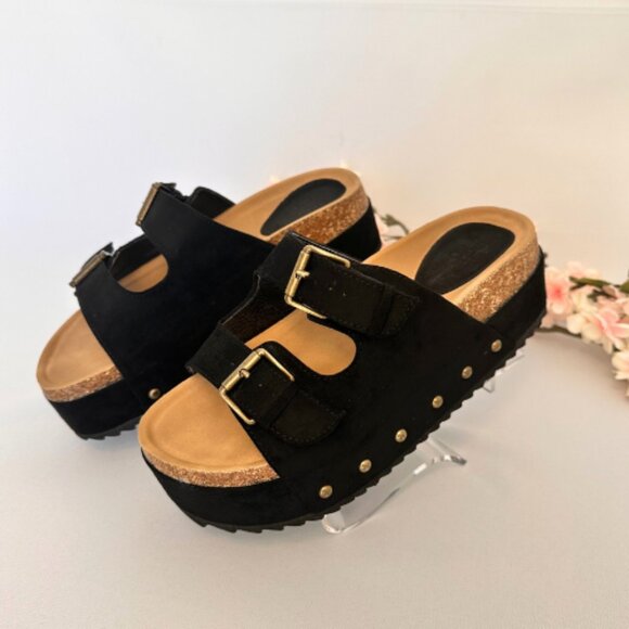 Black Platform Large Buckle Sandals, Size 9 - Picture 3 of 16